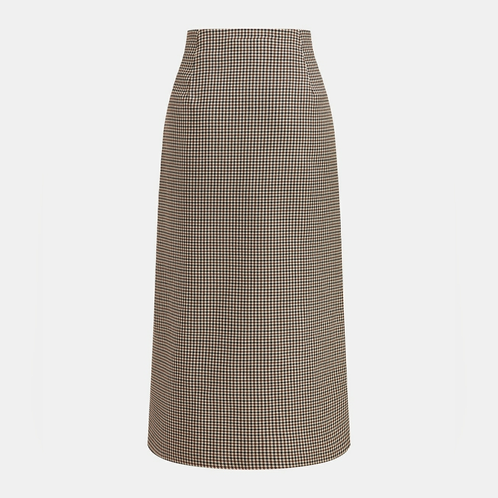 Vintage 80s Houndstooth Wool Midi Skirt • Black Tan Classic • Old Money • XS